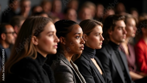 Indoor photo of front row at a fashion show, front view, all guests in haute couture