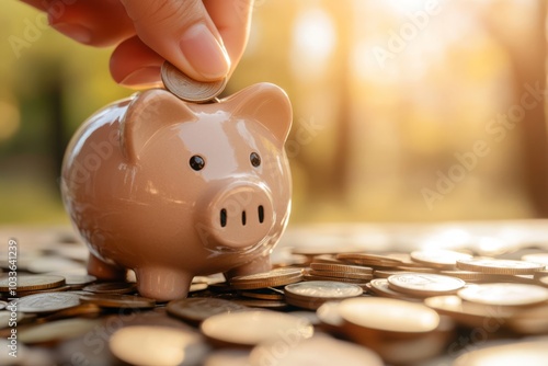 Hand Placing Coin in Piggy Bank Amidst Coins in Warm Light photo