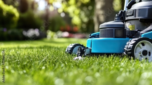 A blue lawn mower is in use, trimming a grassy lawn under the bright sun, illustrating the care taken in maintaining a well-kept, colorful garden environment. photo