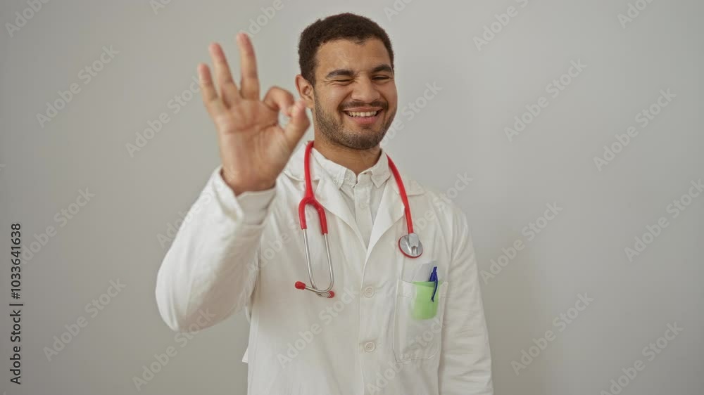 Young hispanic man doctor smiling and making ok gesture over isolated white background with stethoscope and lab coat Young hispanic man doctor smiling and making ok gesture over isolated white background with stethoscope and lab coat