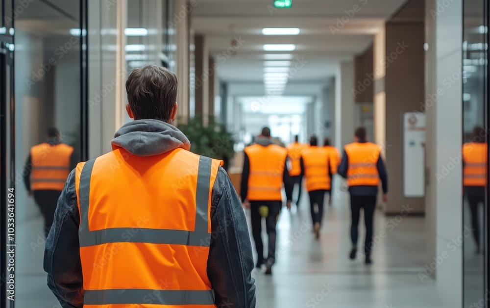 Man in Orange Safety Vest Walking Down Hallway Man in Orange Safety Vest Walking Down Hallway