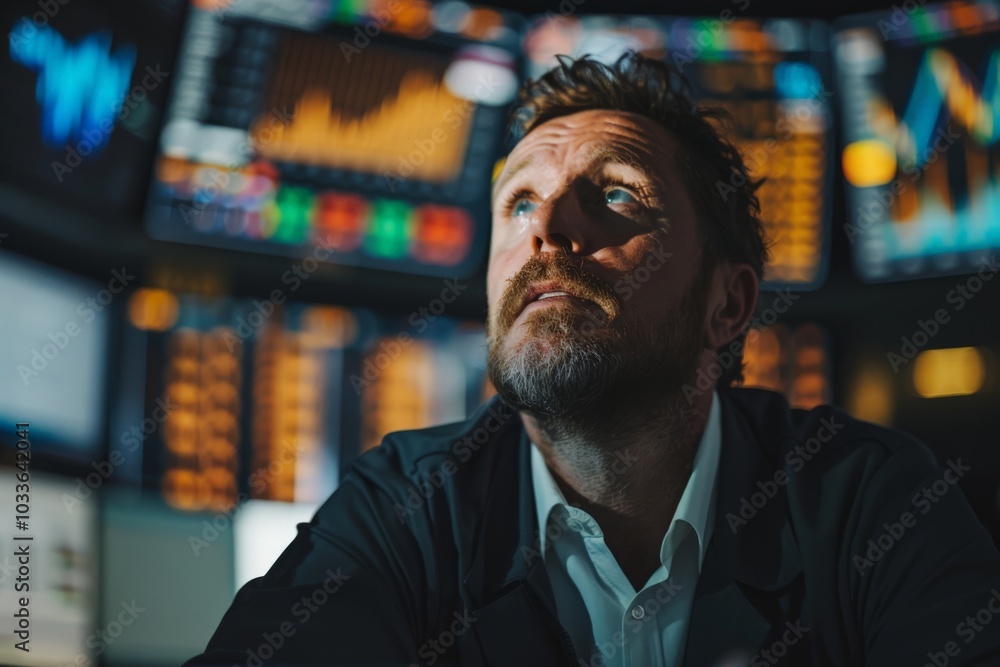 Man Looking Up at Stock Market Data Man Looking Up at Stock Market Data