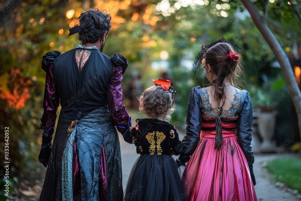 Rear view of a family dressed up in costume for Halloween with generati ai Rear view of a family dressed up in costume for Halloween with generati ai