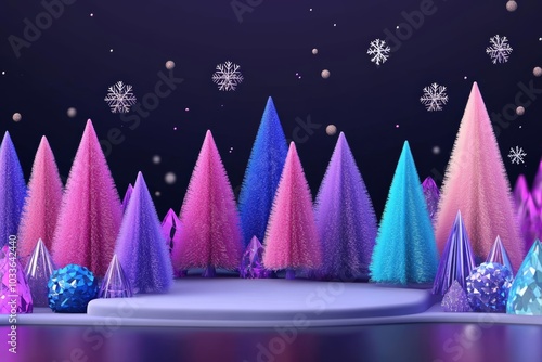 Festive winter Christmas podium decorated with glowing lights and ornaments background