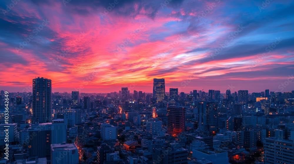 Obraz premium A vibrant cityscape at sunset, showcasing a skyline illuminated by colorful clouds.