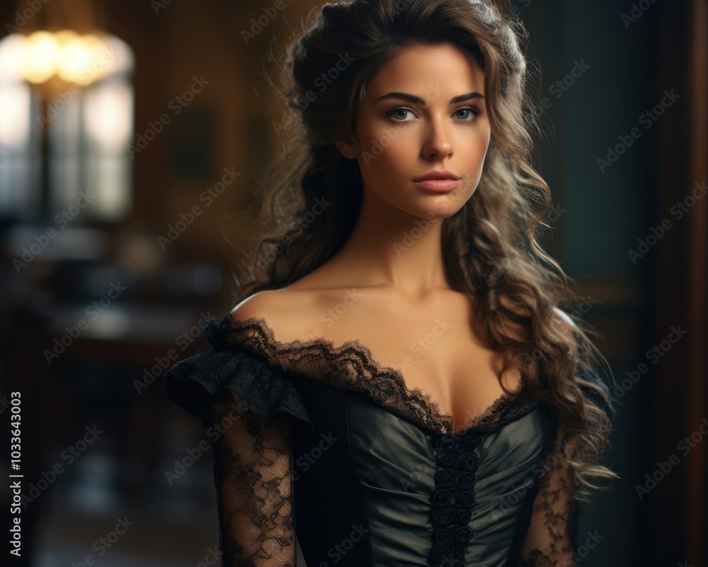 Sad woman in a Victorian era dress against a dark window Sad woman in a Victorian era dress against a dark window
