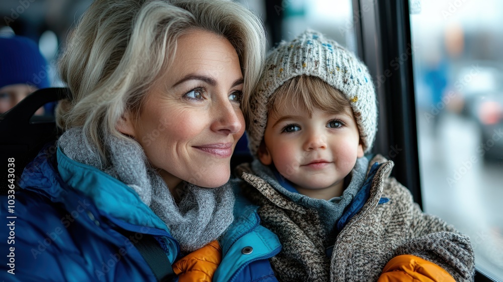 A peaceful scene of a mother and her child on a bus, both clad in warm clothing, enjoying a serene moment as they look out of the bus window with soft smiles. A peaceful scene of a mother and her child on a bus, both clad in warm clothing, enjoying a serene moment as they look out of the bus window with soft smiles.