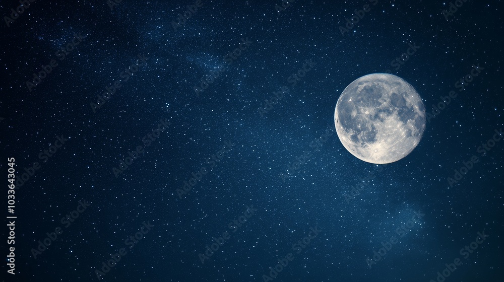 A serene night sky featuring a bright full moon surrounded by twinkling stars. A serene night sky featuring a bright full moon surrounded by twinkling stars.