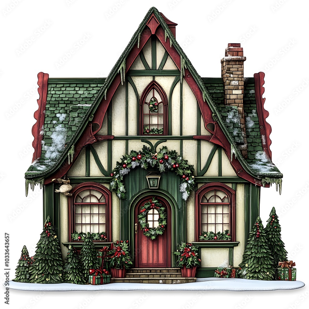 Fototapeta premium Festive Christmas Cottage with Snow Evergreen Trees and Decorations