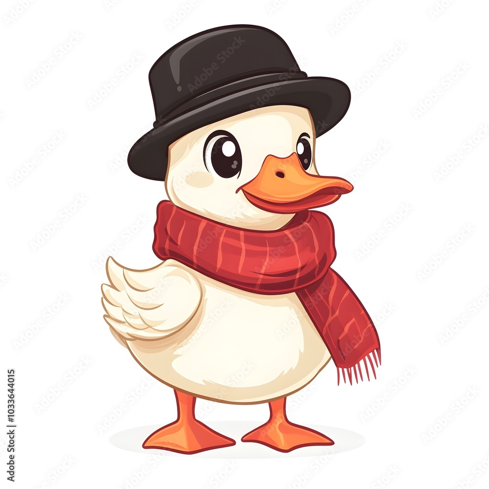 Obraz premium Cute Cartoon Duck Wearing Hat and Scarf Winter Animal Illustration