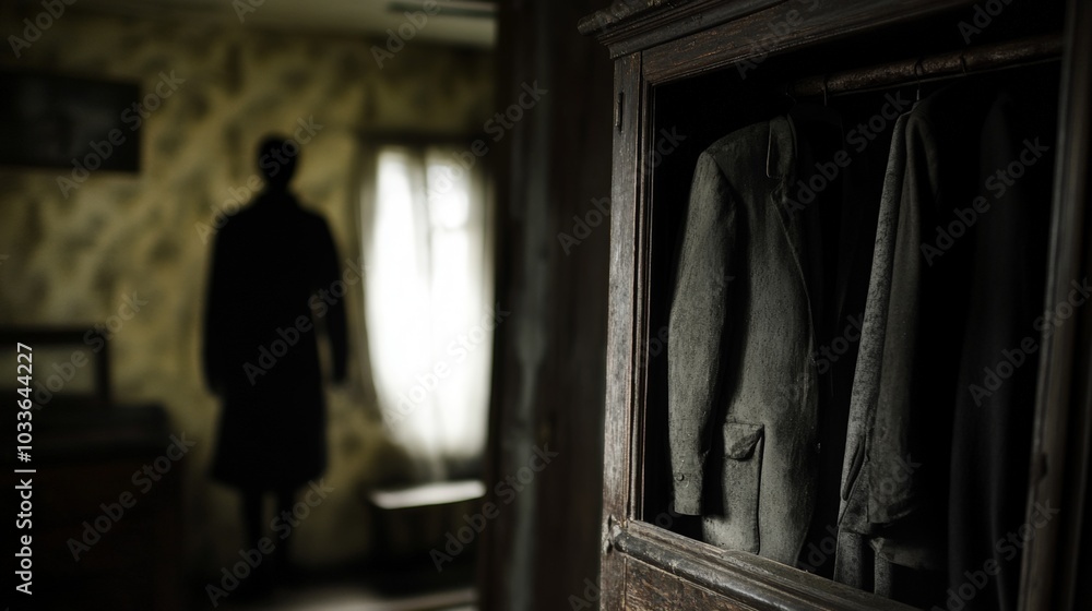 Nostalgic Wardrobe with Mysterious Shadow Presence Nostalgic Wardrobe with Mysterious Shadow Presence