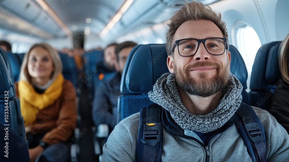 A smiling passenger sits comfortably in an aircraft, wrapped in a scarf, reflecting a sense of contentment and anticipation while traveling to a new destination. A smiling passenger sits comfortably in an aircraft, wrapped in a scarf, reflecting a sense of contentment and anticipation while traveling to a new destination.