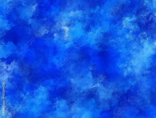 Abstract blue watercolor background with white clouds.