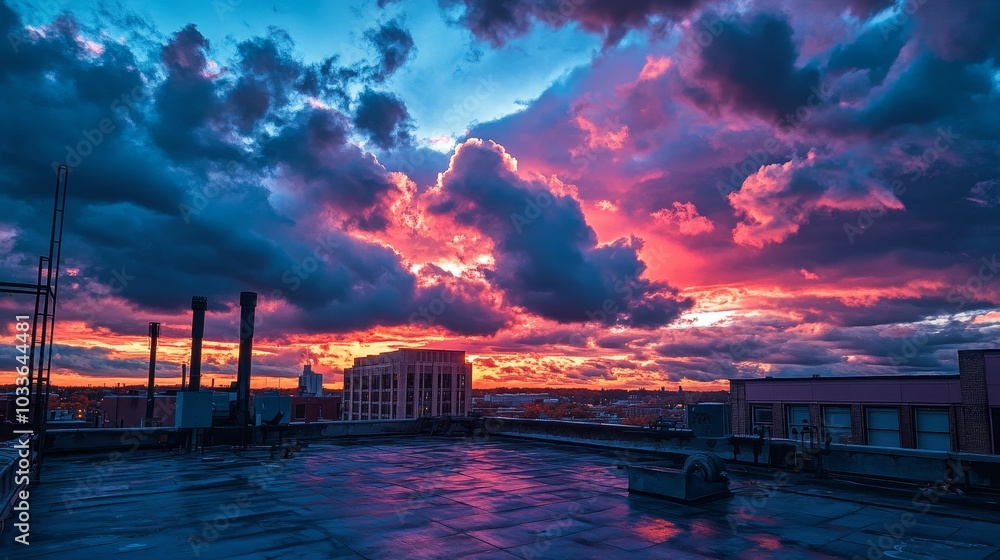 A vibrant sunset casts colorful reflections over a rooftop, highlighting dramatic clouds and urban scenery. A vibrant sunset casts colorful reflections over a rooftop, highlighting dramatic clouds and urban scenery.