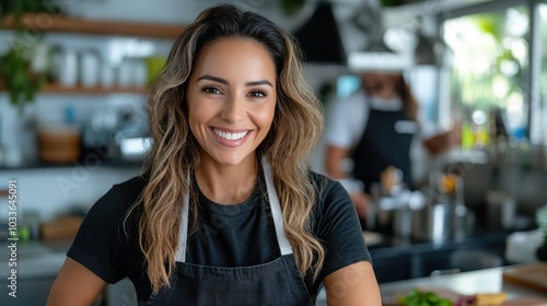 A cheerful chef wearing a black apron smiles widely in a contemporary kitchen setting, surrounded by plants and culinary tools, ready to cook and inspire.