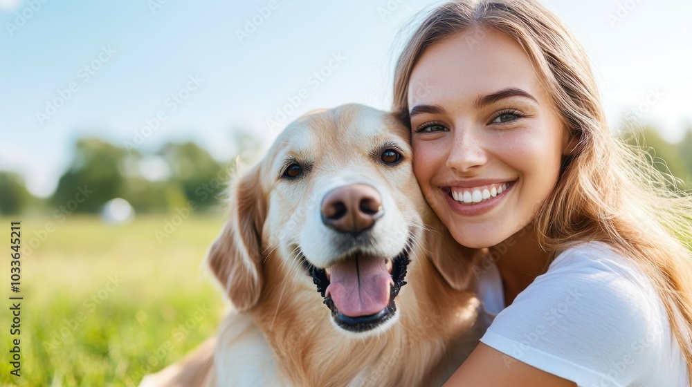 A cheerful young woman with a radiant smile hugged closely by her golden retriever in a tranquil outdoor setting, highlighting a bond of love and friendship. A cheerful young woman with a radiant smile hugged closely by her golden retriever in a tranquil outdoor setting, highlighting a bond of love and friendship.
