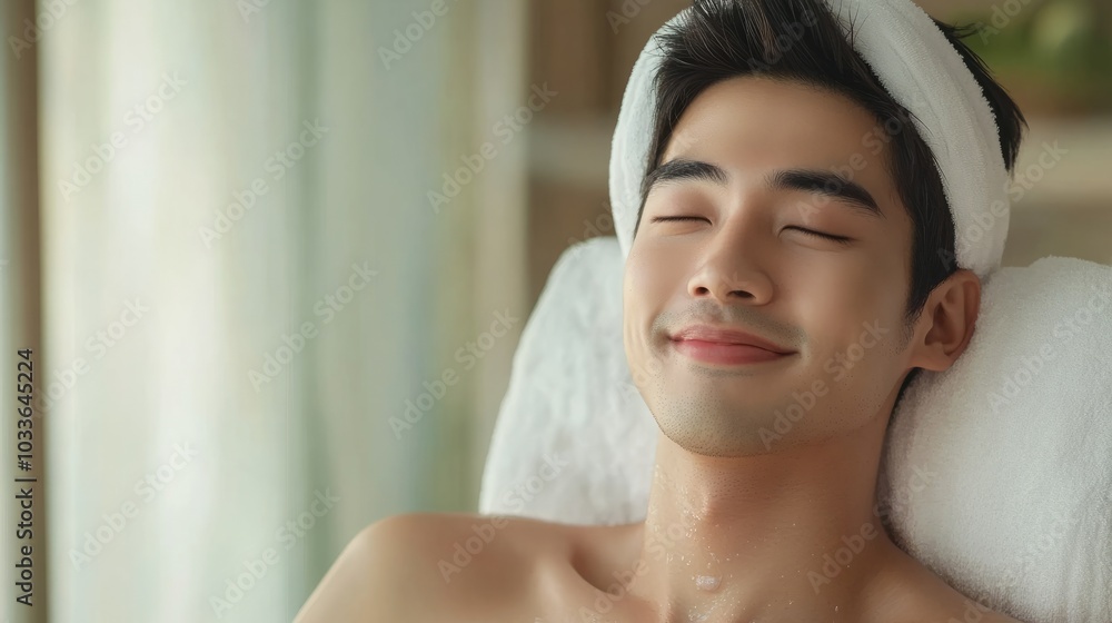 Fototapeta premium Asian man on spa procedure. Asian man in spa salon. Asian self-care. Cosmetology.