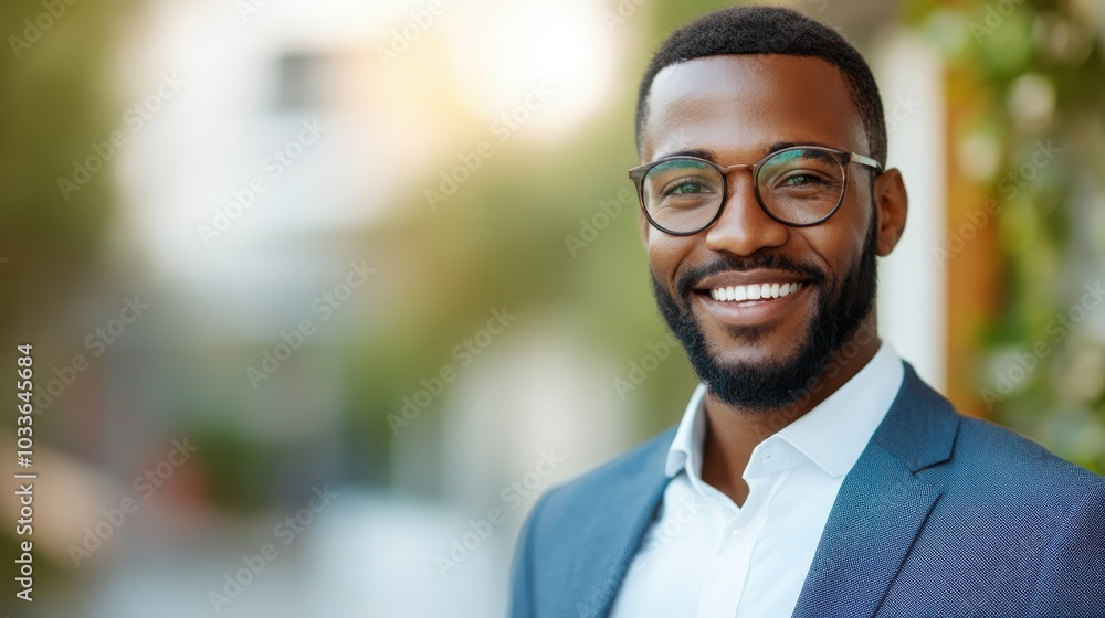 A young professional male dressed in a smart-casual blazer and shirt, smiling engagingly outside in an urban setting with greenery and sunshine. A young professional male dressed in a smart-casual blazer and shirt, smiling engagingly outside in an urban setting with greenery and sunshine.