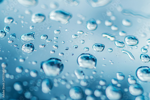 Abstract background with water drops on glass, macro photo of air bubbles in a gray blue sky, texture for design and wallpaper. Stockphoto, taken at aperture.