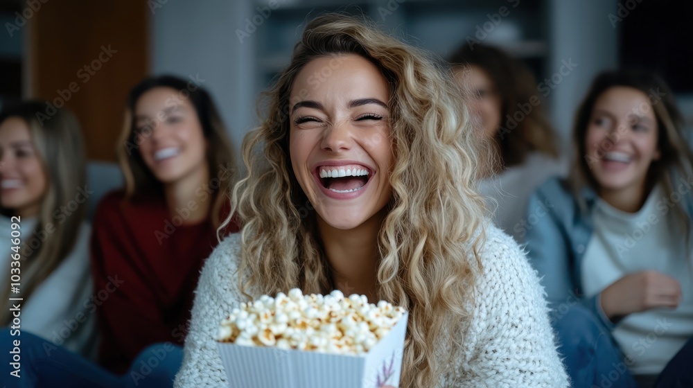 A cheerful gathering of friends enjoying popcorn during a cozy movie night at home, signifying camaraderie and the simple pleasures of relaxed company. A cheerful gathering of friends enjoying popcorn during a cozy movie night at home, signifying camaraderie and the simple pleasures of relaxed company.
