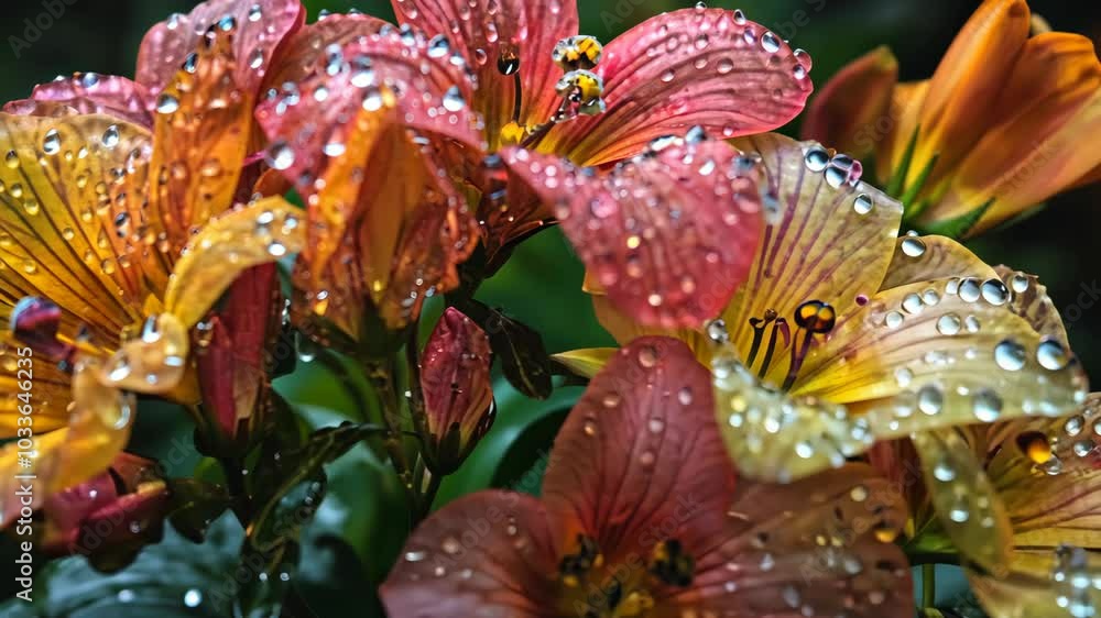 Delicate pink and yellow flowers are covered in dew drops after a morning rain Delicate pink and yellow flowers are covered in dew drops after a morning rain