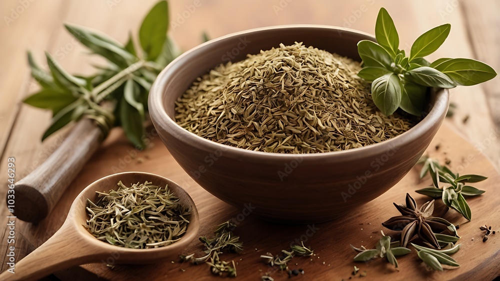 A rustic Italian herb and spice mix with dried oregano, basil, rosemary, and thyme, arranged in a traditional ceramic bowl on a wooden cutting board, capturing the essence of Italian cooking.
A rustic Italian herb and spice mix with dried oregano, basil, rosemary, and thyme, arranged in a traditional ceramic bowl on a wooden cutting board, capturing the essence of Italian cooking.