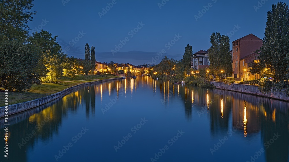 Fototapeta premium Serene night view of a river reflecting city lights and trees along the banks.