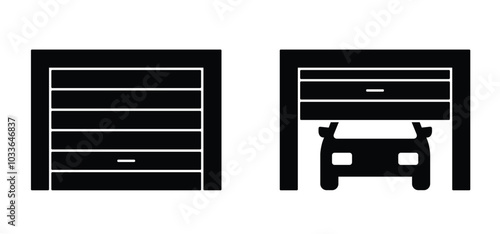 Cartoon car parking or garage box icon. Vehicle repair maintenance garage. Garage door, security and protection of a auto mobile. Open or closed doors. Roller shutter garage. Roll up door strip lines.