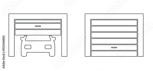 Cartoon car parking or garage box icon. Vehicle repair maintenance garage. Garage door, security and protection of a auto mobile. Open or closed doors. Roller shutter garage. Roll up door strip lines.