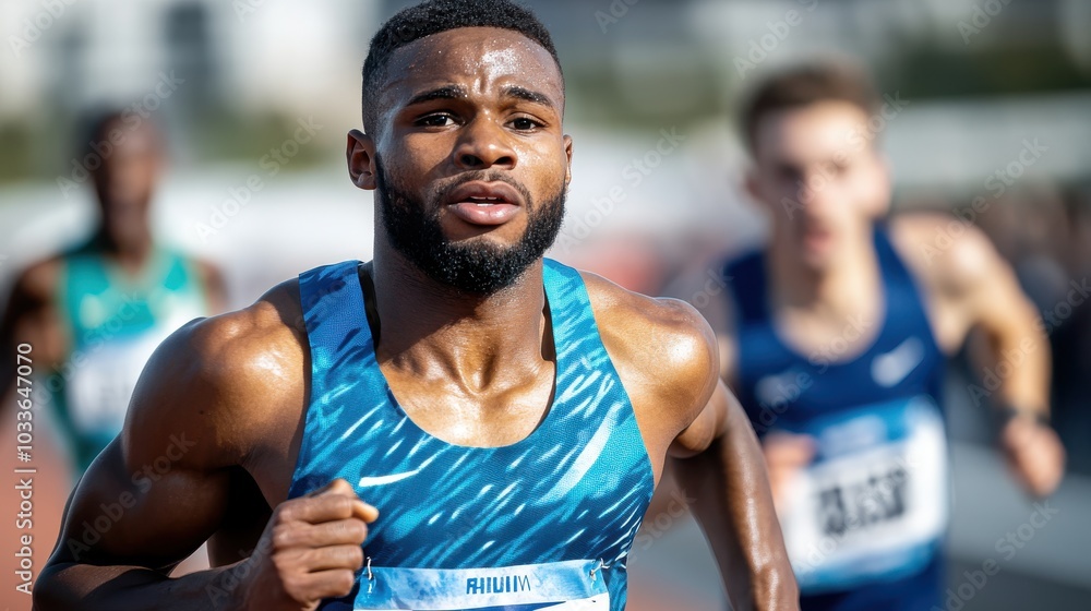 A male athlete in a blue running suit powers through a race, expressions of determination and focus enhancing the competitive spirit of the event. A male athlete in a blue running suit powers through a race, expressions of determination and focus enhancing the competitive spirit of the event.