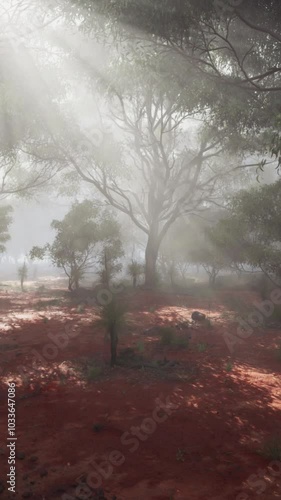 Wallpaper Mural The sun shines through the trees in a foggy forest Torontodigital.ca