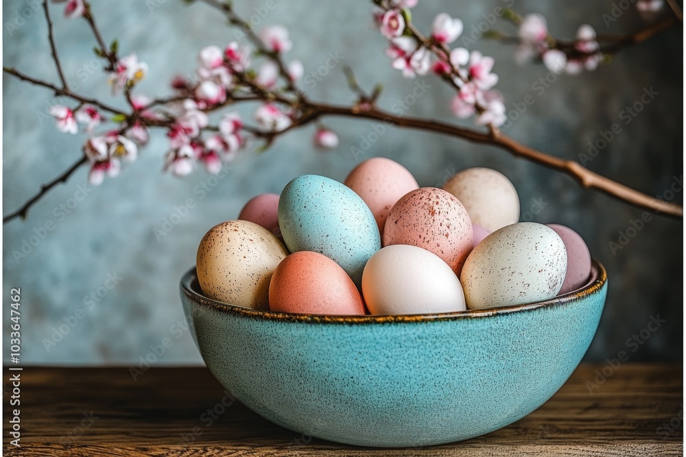 A bowl of pastel-colored Easter eggs sits on a wooden table, a delicate sprig of blossoms in the background. A bowl of pastel-colored Easter eggs sits on a wooden table, a delicate sprig of blossoms in the background.