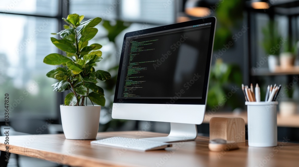 A modern workspace featuring a computer displaying code, surrounded by lush green plants, suggesting a harmonious balance of technology and nature. A modern workspace featuring a computer displaying code, surrounded by lush green plants, suggesting a harmonious balance of technology and nature.