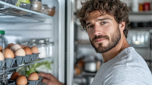 A man with a beard and tousled hair looks thoughtfully inside a stocked refrigerator, emphasizing a calm and domestic atmosphere in the kitchen.