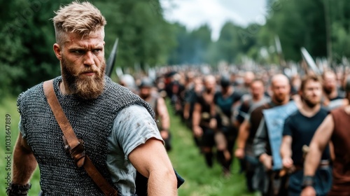 A determined Viking leader, clad in traditional armor, leads a troop of warriors confidently into a lush forest, displaying leadership and courage. photo