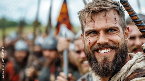 A cheerful Viking warrior, amidst his peers with weapons ready, eagerly anticipating battle, exudes excitement and a sense of historical brotherhood. photo