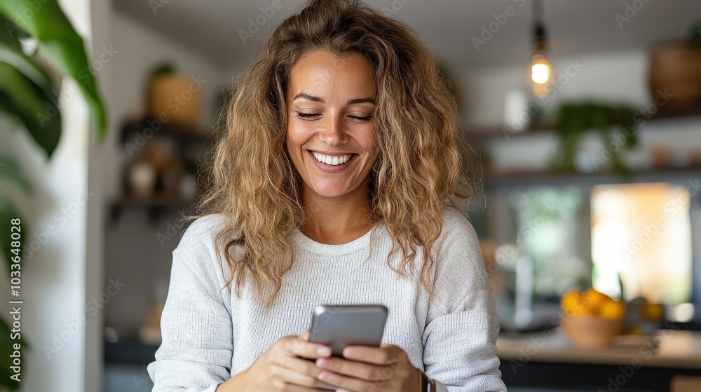 A cheerful woman with curly hair is smiling and using her smartphone in a cozy, modern kitchen environment, enjoying a relaxed moment while browsing. A cheerful woman with curly hair is smiling and using her smartphone in a cozy, modern kitchen environment, enjoying a relaxed moment while browsing.
