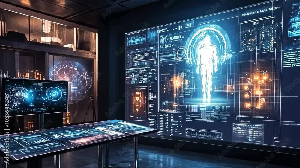 A futuristic room with a large screen displaying a digital human model and various data streams