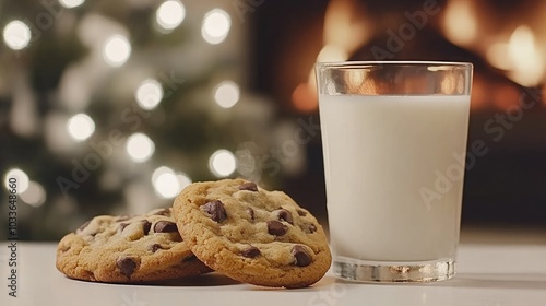 Indulge in the warmth of homemade chocolate chip cookies paired with a glass of milk, set against festive bokeh lights and a beautifully decorated Christmas tree