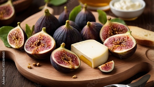 Juicy European figs halved and served on a wooden cheese board, accompanied by brie cheese and honey, evoking the rustic charm of the Mediterranean.