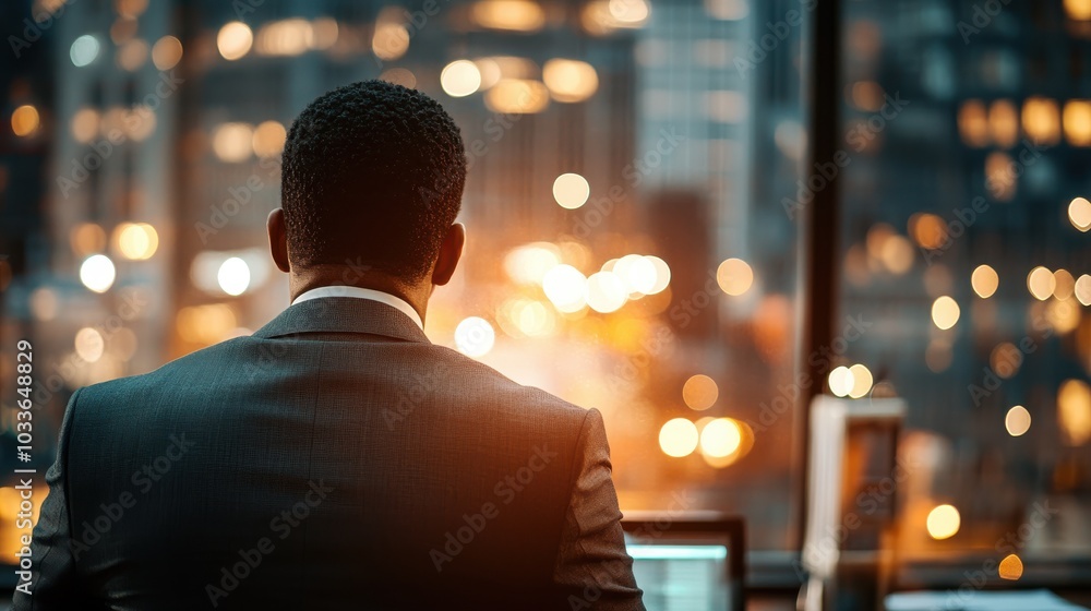 From behind, a man in a suit is seen viewing a vibrant cityscape at night. The out-of-focus lights in the background create a dramatic and contemplative mood. From behind, a man in a suit is seen viewing a vibrant cityscape at night. The out-of-focus lights in the background create a dramatic and contemplative mood.