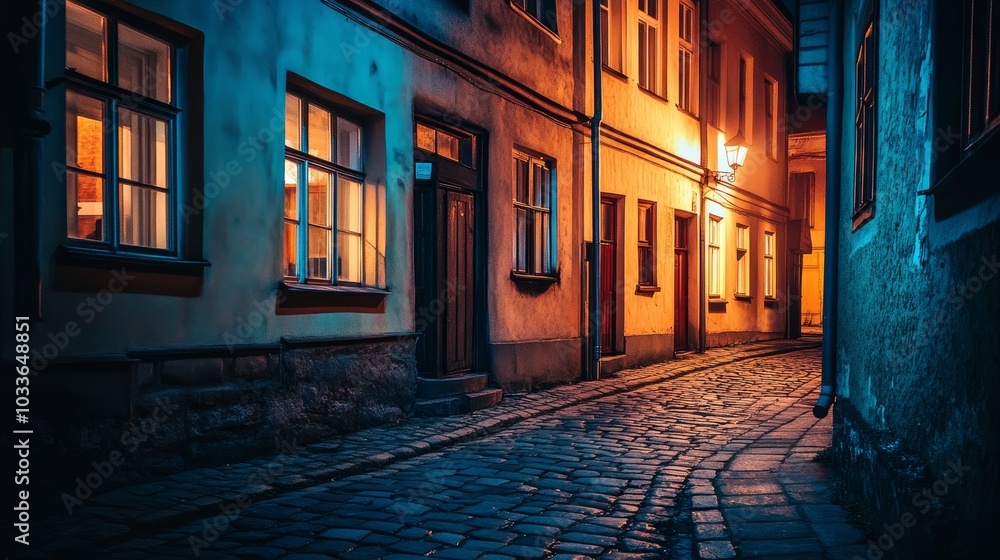 Fototapeta premium A quiet, illuminated cobblestone street at night, showcasing charming architecture and warm lighting.