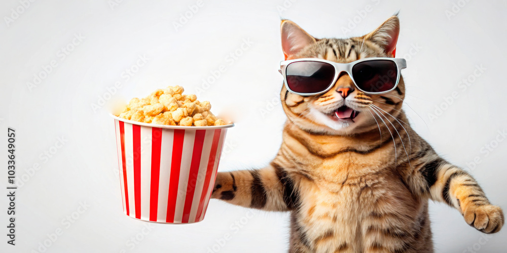 Obraz premium A playful cat with red sunglasses holds a popcorn bucket, standing against a white background. Perfect for businesses in entertainment, pet products, or promotions related to fun events and social med