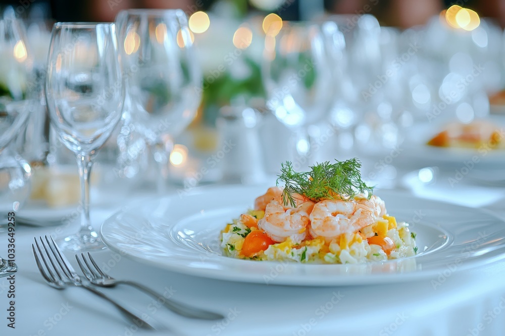 A close-up shot of a shrimp salad on a white plate, ready for a formal dinner. A close-up shot of a shrimp salad on a white plate, ready for a formal dinner.