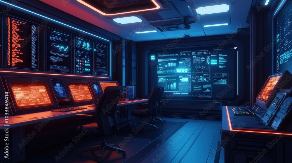 A futuristic control room filled with digital displays, glowing interfaces, and a high-tech atmosphere, ideal for monitoring and analysis. A futuristic control room filled with digital displays, glowing interfaces, and a high-tech atmosphere, ideal for monitoring and analysis.