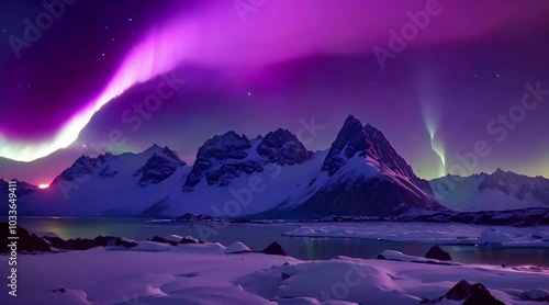 Spectacular Northern Lights Aurora Borealis fill sky over Kvalvika beach and surrounding mountains Lofotodden National Park Moskenesoy Lofoten Islands Norway video 4K photo