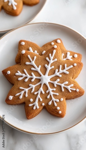 A close-up of a gingerbread cookie decorated with a snowflake design in white icing.