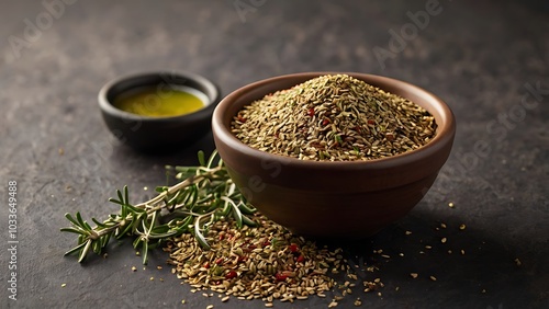 A bowl of Middle Eastern za'atar spice blend made from thyme, sesame seeds, sumac, and salt, paired with a dish of olive oil for dipping, set on a textured background. photo