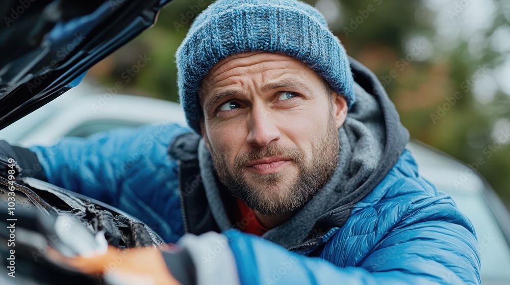 Wearng a blue jacket and hat, a pensive man carefully examines his car engine in a wooded area, indicating deep concern or focus on a mechanical issue. Wearng a blue jacket and hat, a pensive man carefully examines his car engine in a wooded area, indicating deep concern or focus on a mechanical issue.