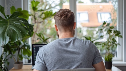 A man viewed from behind, working on a computer at a desk, surrounded by houseplants; scene captures tranquility and concentration in a light-filled workspace. photo